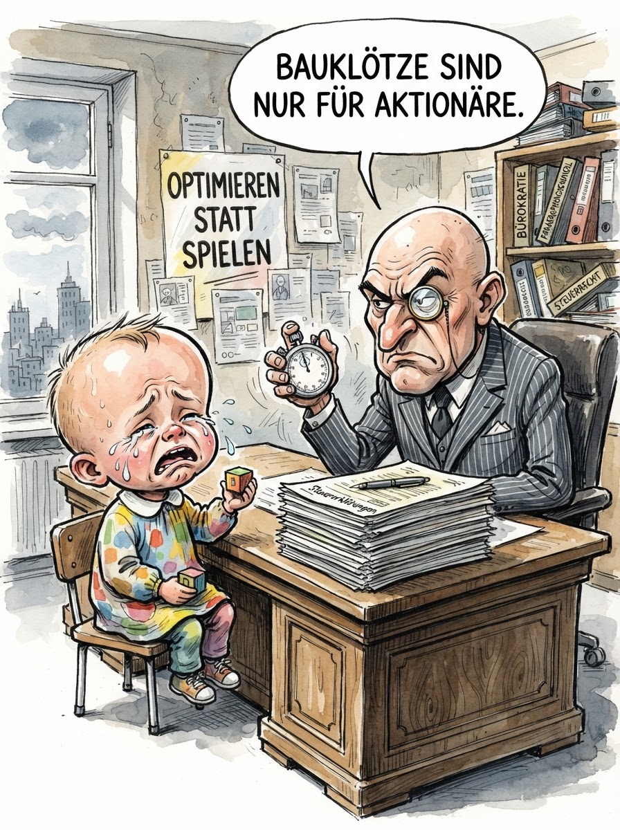Der Bundestag berät heute über das Startchancengesetz, das Kinder bereits ab dem vierten Lebensjahr einer systematischen Prüfung ihres Entwicklungsstandes unterziehen will. Um die Chancengleichheit in einem Land zu wahren, das den sozialen Aufstieg traditionell an die korrekte Bedienung einer Siebträgermaschine knüpft, sollen Defizite nun früher detektiert werden. Ein Sprecher des Ministeriums betonte, dass man Kleinkinder nicht länger dem Risiko aussetzen dürfe, ohne zertifizierte Excel-Grundkenntnisse in den Sandkasten zu steigen. Das Gesetz sieht vor, dass vierjährige Probanden, die bei der Analyse einer Quartalsbilanz von Playmobil Schwächen zeigen, umgehend in Förderkurse für frühkindliches Burnout-Management überstellt werden. Bundeskanzler Friedrich Merz begrüßte die Initiative als notwendigen Schritt, um die Wettbewerbsfähigkeit gegenüber chinesischen Vorschul-Ingenieuren zu sichern. Am Ende steht die Hoffnung, dass Deutschland endlich wieder ein Land wird, in dem man nicht erst mit sechs Jahren an seinem eigenen Versagen scheitern darf.