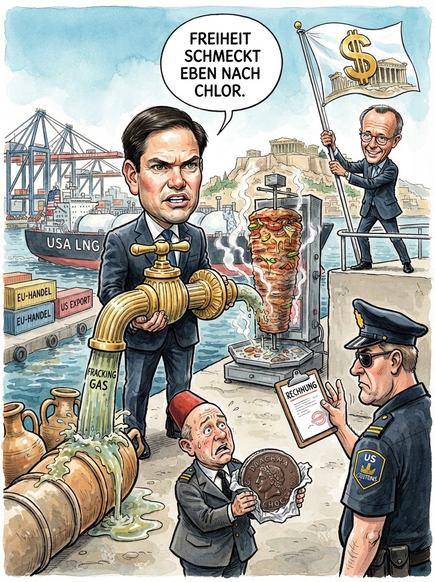 US-Außenminister Marco Rubio wirbt derzeit in Athen intensiv für Griechenland als neue europäische Gas-Drehscheibe, um den Kontinent final aus der russischen Umklammerung zu lösen. Die Strategie ist so simpel wie bestechend: Statt billigem Gas aus autoritären Pipelines setzt Washington auf teure Freiheit in flüssiger Form, geliefert auf Schiffen, die so groß sind wie das griechische Staatsdefizit von 2010. Ein Sprecher des US-Energieministeriums erklärte dazu, man wolle Europa lediglich vor der Gefahr schützen, jemals wieder zu viel Geld für Urlaub oder Bildung übrig zu haben. Bundeskanzler Friedrich Merz begrüßte die Initiative und ließ bereits prüfen, ob man das griechische Pipelinenetz direkt mit dem deutschen Rentensystem kurzschließen könne, um den finanziellen Durchfluss zu optimieren. Am Ende bleibt die tröstliche Gewissheit, dass man die Abhängigkeit von einem Mann im Kreml erfolgreich gegen die Abhängigkeit von einem Fracking-Hahn in Texas getauscht hat, der immerhin mit einem Lächeln zugedreht wird.