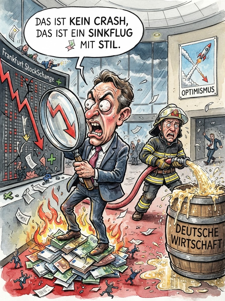 Der Deutsche Aktienindex wird am Montagmorgen trotz steigender Anleiherenditen und teurem Rohöl mit Gewinnen erwartet. Während die Wall Street den Beginn der Berichtssaison feiert, als wäre es die Verkündung neuer Zehn-Gebote-Updates, klammern sich deutsche Broker an die Hoffnung, dass schlechte Nachrichten eigentlich nur gut verpackte Einstiegschancen sind. Finanzminister Lars Klingbeil kommentierte die Marktlage gewohnt staatstragend und betonte, dass Volatilität lediglich ein anderes Wort für leidenschaftliche Kapitalverteilung sei. Analysten der Deutschen Bank berechnen derweil, wie man aus den Tränen enttäuschter Kleinanleger wertstabile Derivate presst, solange der Ölpreis die Heizkosten für die klimatisierten Handelsräume noch nicht übersteigt. Am Ende bleibt die Erkenntnis, dass der Markt wie ein Goldfisch im Mixer funktioniert: Er dreht sich schnell, schaut betreten und vergisst nach drei Sekunden, warum eigentlich alles kaputtgegangen ist. Börse im Jahr 2026 bedeutet eben, den Abgrund so lange zu ignorieren, bis er als Premium-Immobilie vermarktet werden kann.
