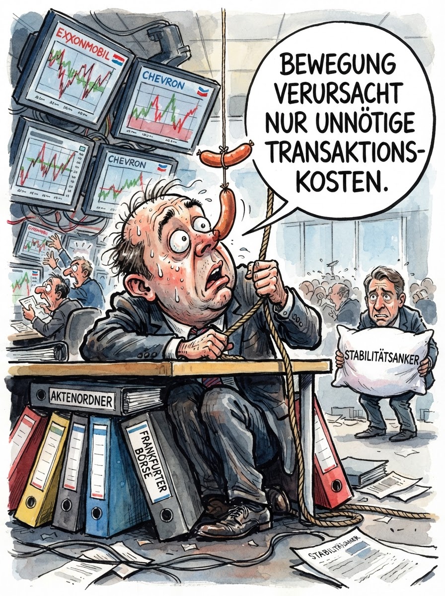 Zum Handelsstart verharrten die DAX-Anleger in einer so tiefen Deckung, dass die Frankfurter Börsenaufsicht kurzzeitig überlegte, die Vitalwerte der Händler per Fernthermometer zu prüfen. Während die hohen Ölpreise jede Bewegung so teuer machen wie eine Taxifahrt durch Monaco, sorgt das Warten auf die US-Berichtssaison für eine strategische Apathie, die selbst einen Beamten im mittleren Dienst vor Neid erblassen ließe. Laut Marktanalysten ist das 'Abwarten' derzeit das einzige börsennotierte Produkt mit nennenswerter Rendite, da jede aktive Entscheidung das Risiko birgt, versehentlich den deutschen Wohlstand zu berühren. Vizekanzler und Finanzminister Lars Klingbeil beruhigte die Märkte bereits mit der Aussicht, dass Nichtstun historisch gesehen die stabilste Säule sozialdemokratischer Wirtschaftstheorie sei. Am Ende bleibt die Erkenntnis, dass der deutsche Investor sein Geld am liebsten dort behält, wo es am sichersten ist: in der Angst vor der Zukunft.