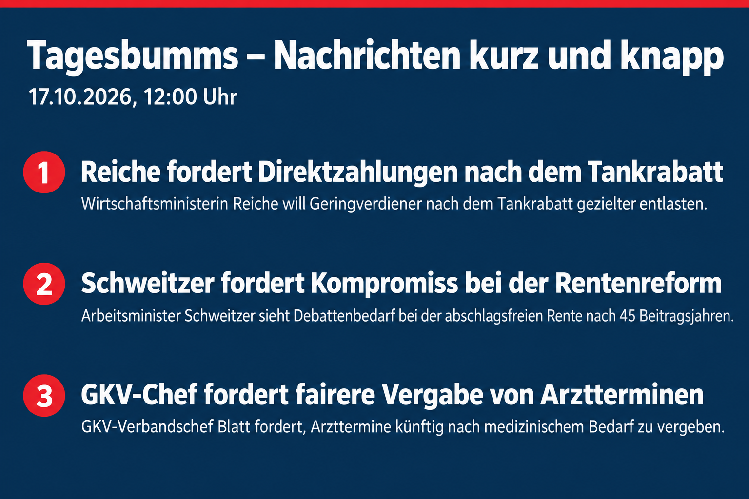 Reiche fordert Direktzahlungen, Schweitzer sucht Rentenkompromiss, GKV-Chef verlangt fairere Arztterminvergabe