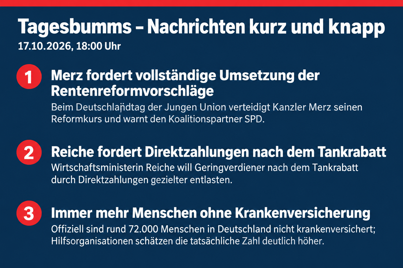 Merz fordert Umsetzung der Rentenreform, Reiche will Direktzahlungen, 72.000 Menschen ohne Krankenversicherung