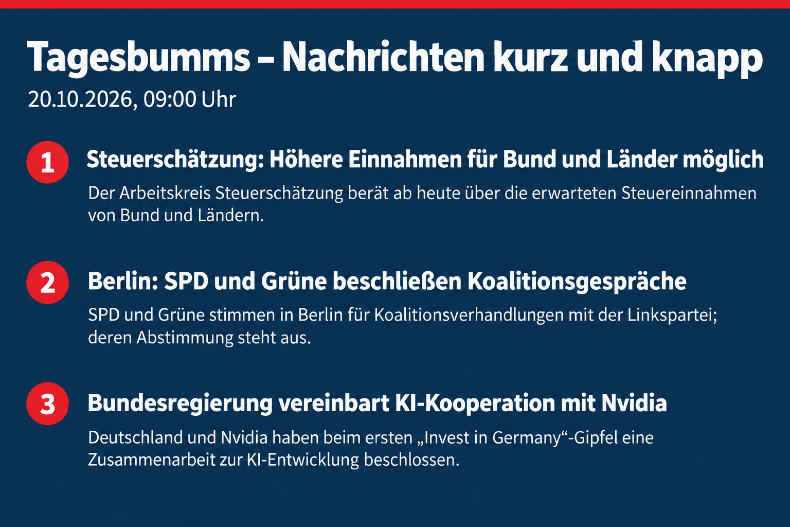 Steuerschätzung beginnt; Berliner SPD und Grüne beschließen Koalitionsgespräche; Deutschland vereinbart Nvidia-Kooperation