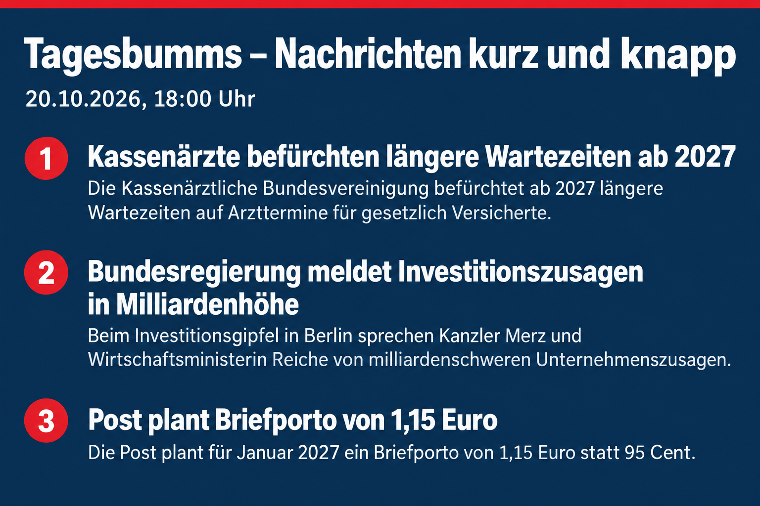 Kassenärzte befürchten längere Wartezeiten, Regierung meldet Milliarden-Investitionszusagen, Post plant höheres Porto