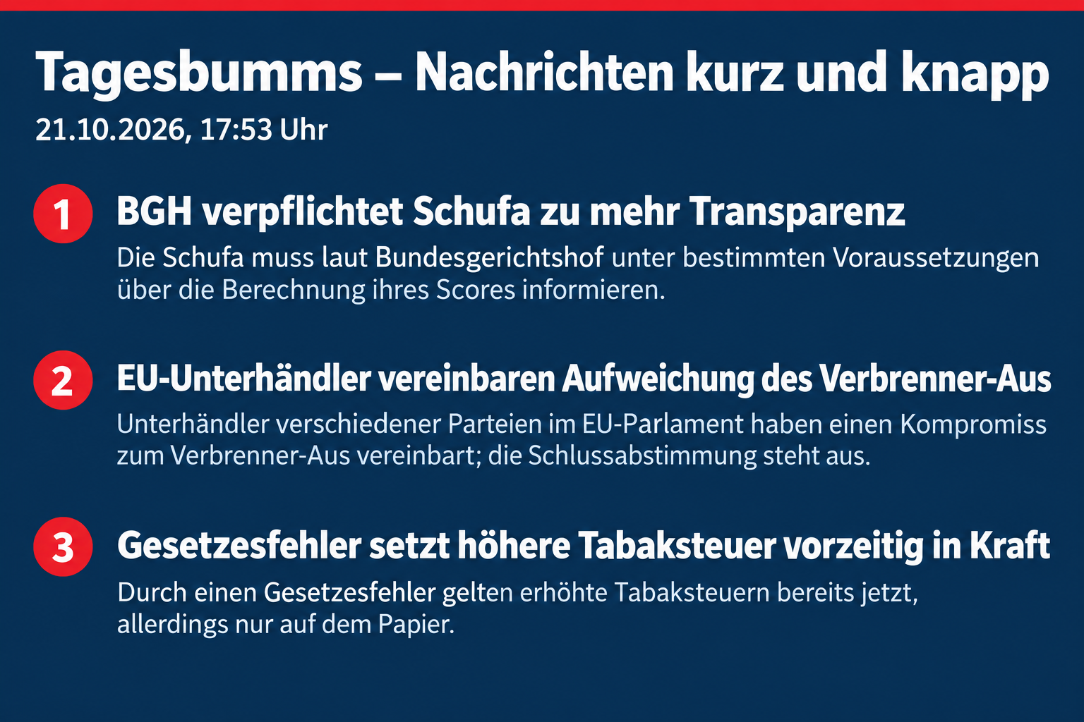 BGH fordert Schufa-Transparenz, EU-Unterhändler vereinbaren Verbrenner-Kompromiss, Fehler bei der Tabaksteuer