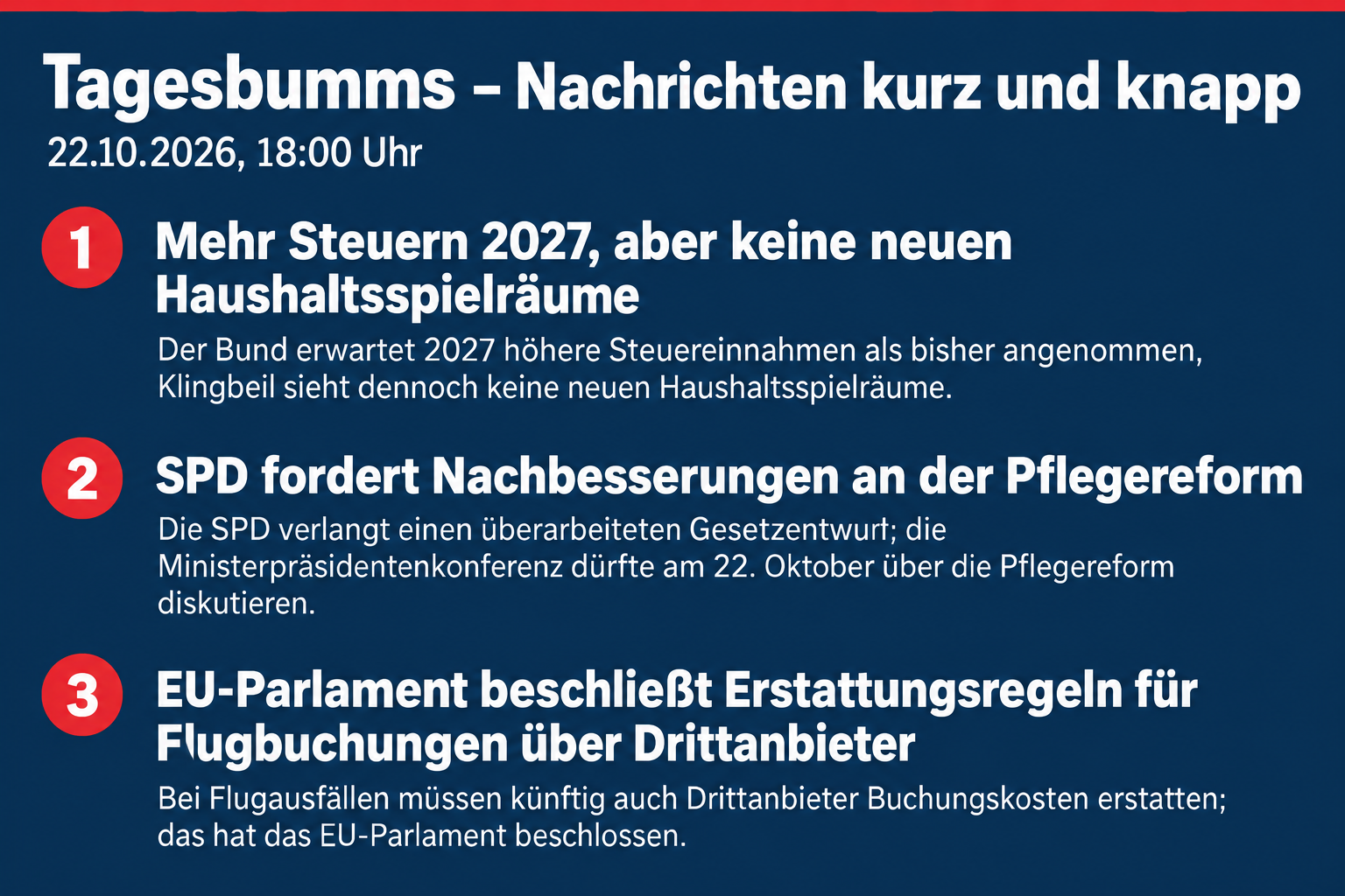 Bund erwartet 2027 mehr Steuern, SPD fordert Pflege-Nachbesserungen, EU beschließt Erstattungsregeln bei Flugausfällen