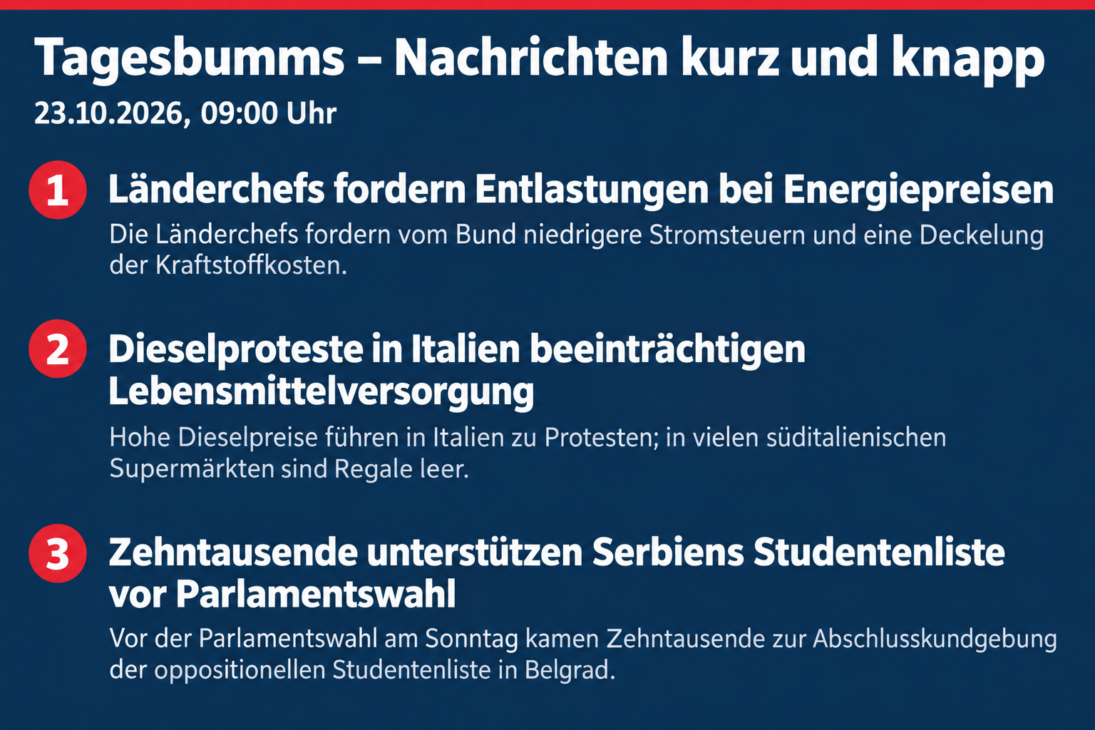 Länder fordern Energieentlastungen; Dieselproteste in Italien; Zehntausende bei Kundgebung vor Serbiens Wahl
