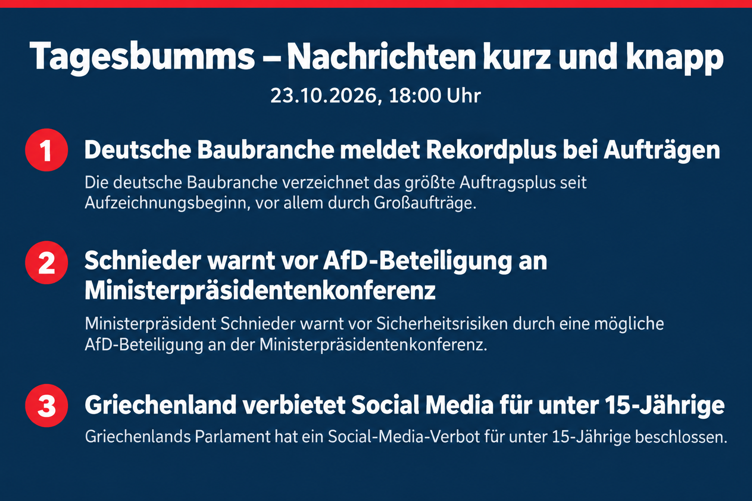 Baubranche meldet Rekordplus; Schnieder warnt vor AfD-Beteiligung; Griechenland beschließt Social-Media-Verbot