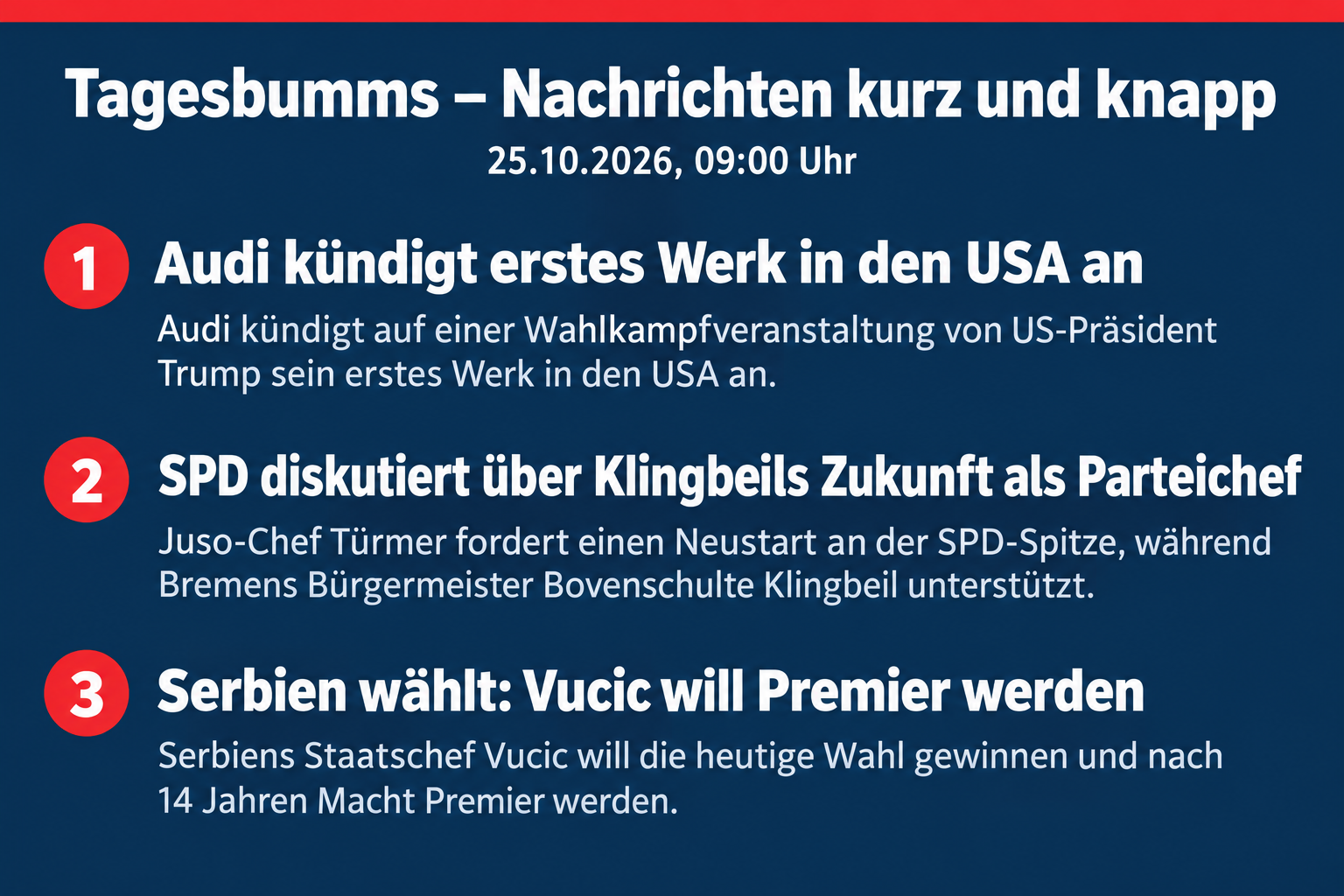 Audi kündigt erstes US-Werk an, SPD debattiert über Klingbeil, Serbien wählt