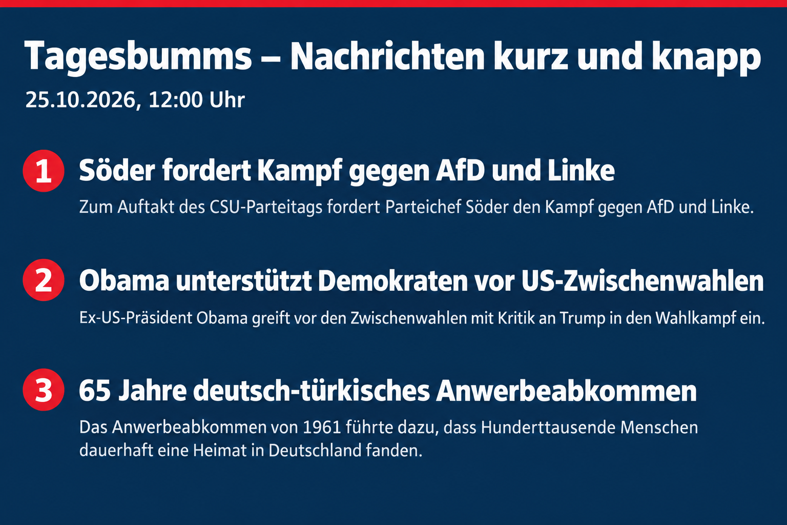 Söder fordert Kampf gegen AfD und Linke; Obama unterstützt Demokraten; 65 Jahre deutsch-türkisches Anwerbeabkommen