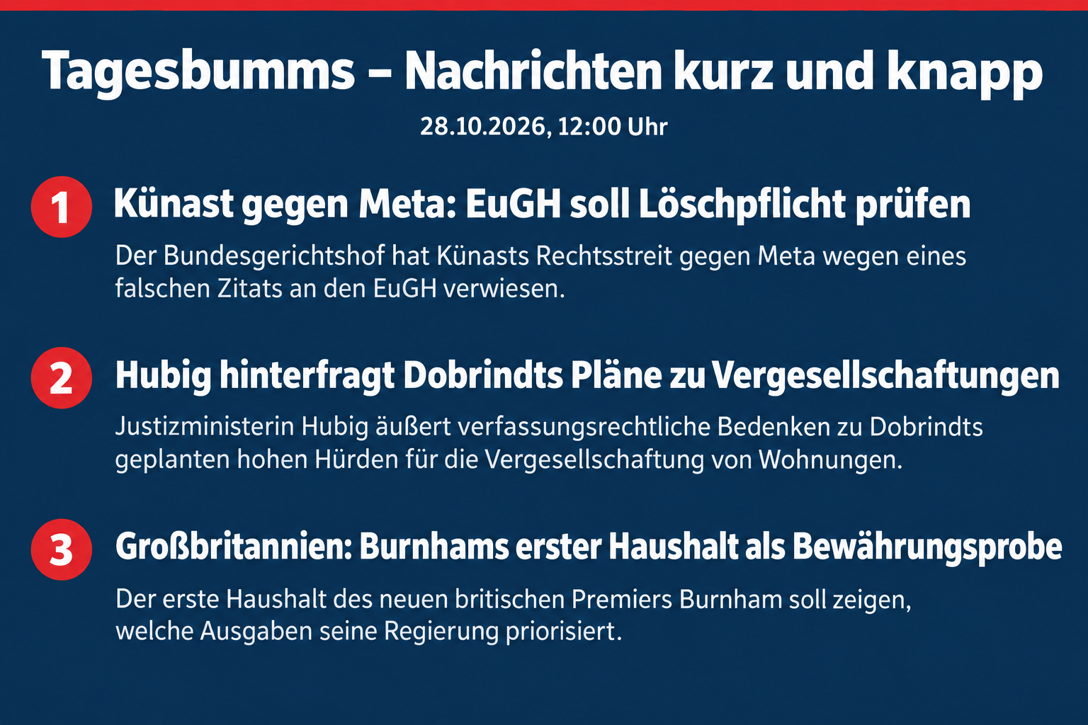 EuGH soll Metas Löschpflicht prüfen; Hubig hinterfragt Vergesellschaftungspläne; Burnhams erster Haushalt