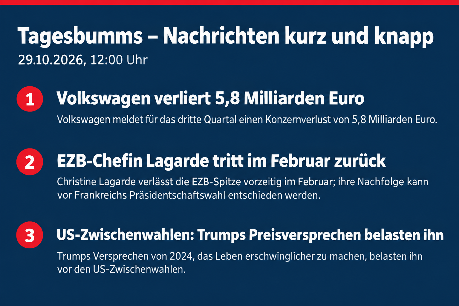 Volkswagen mit Milliardenverlust, EZB-Chefin Lagarde kündigt Rücktritt an, Trumps Preisversprechen vor US-Zwischenwahlen