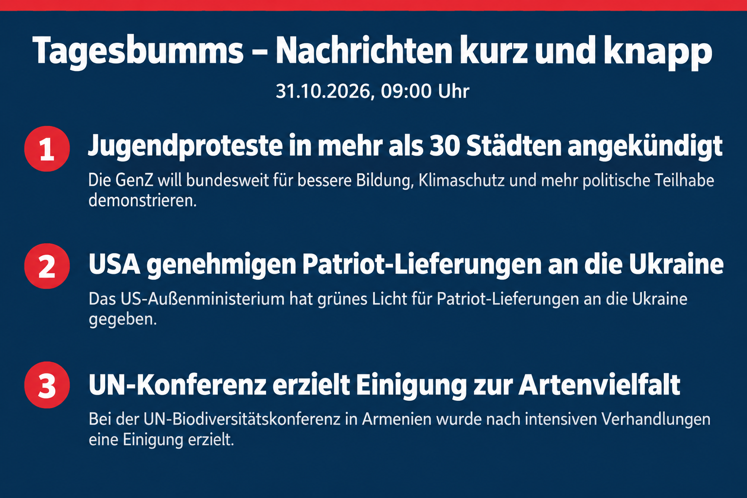 Jugendproteste in Deutschland, US-Freigabe für Patriot-Lieferungen, UN-Einigung zur Artenvielfalt
